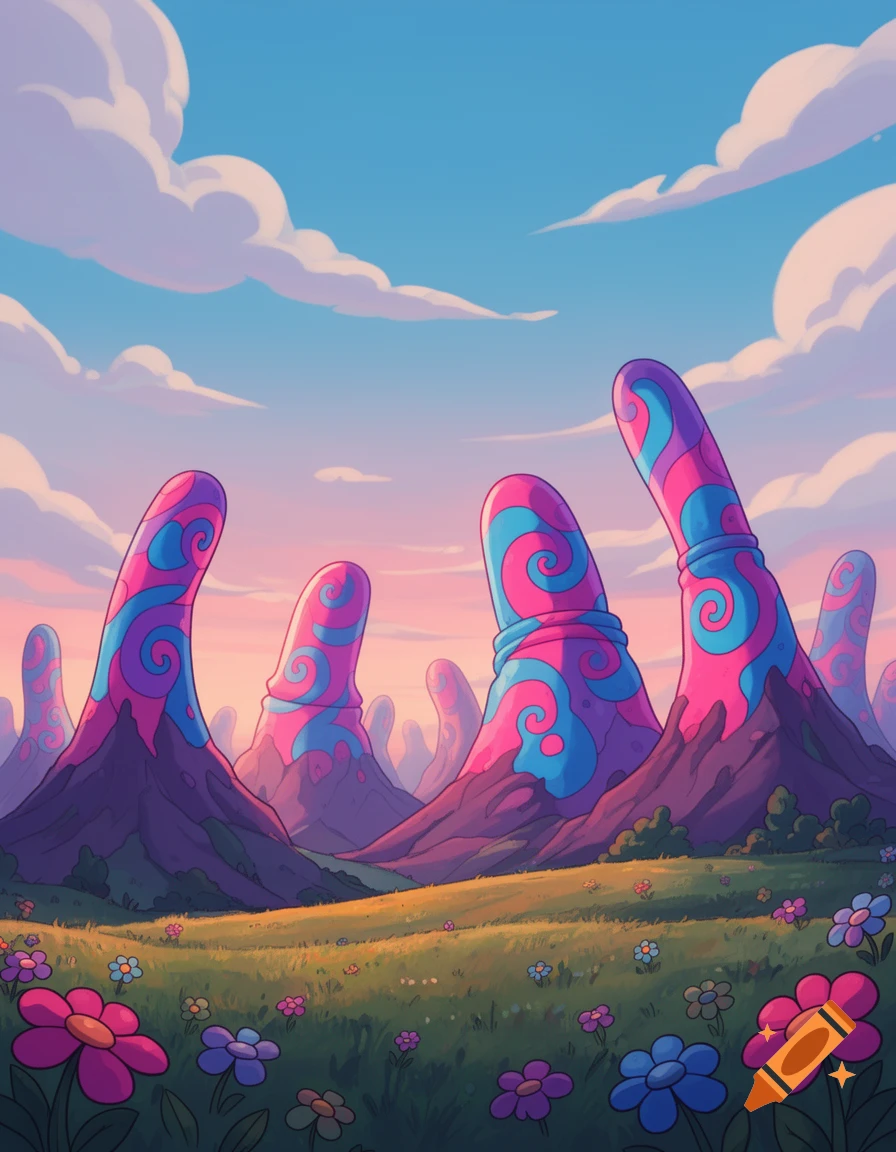 A colorful 2D animated fantasy landscape with large, pink and blue swirled, phallic-shaped mountains under a pastel sky with clouds, surrounded by a green field with tiny flowers.
