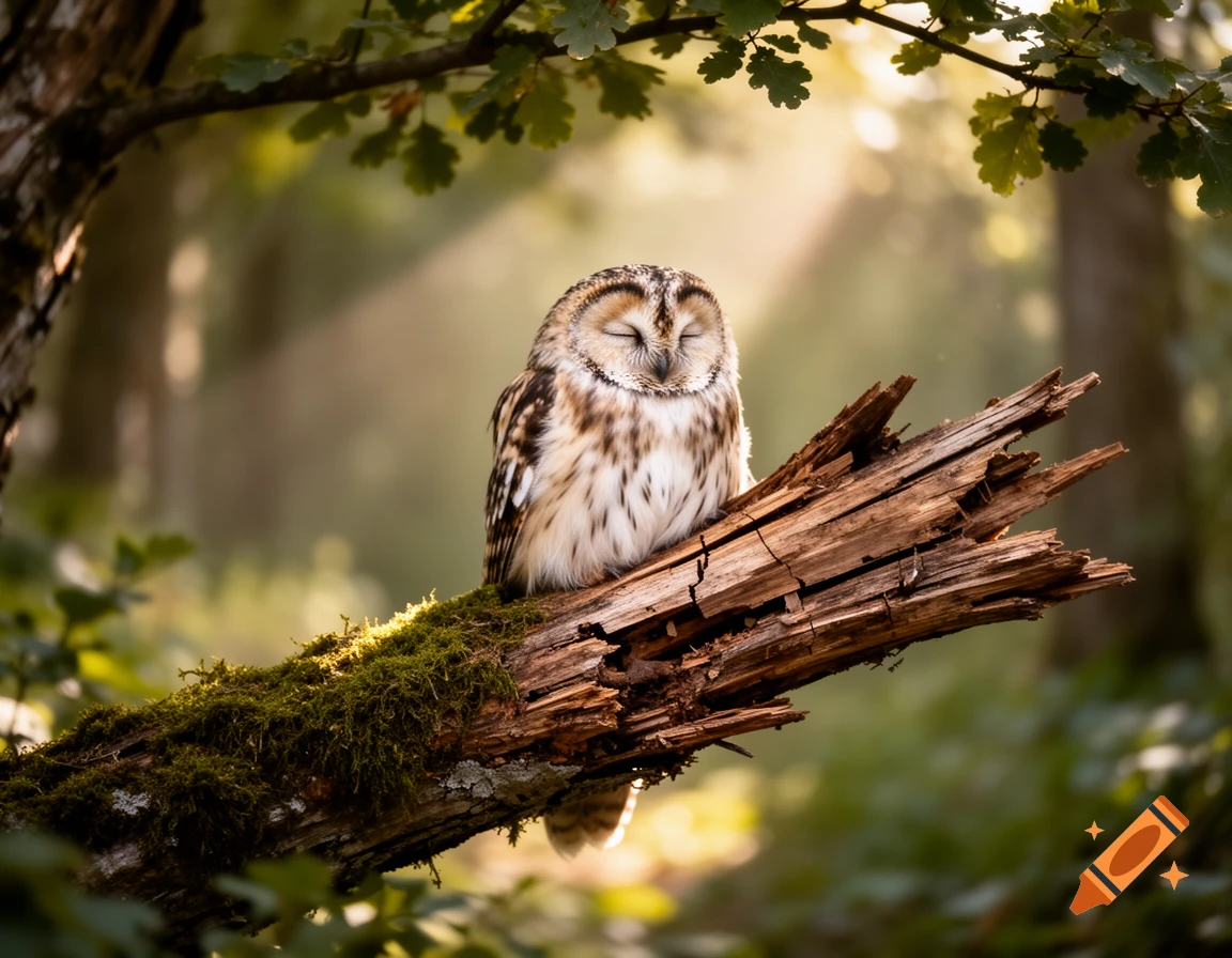 A fluffy owl with closed eyes, appearing to sleep, perches on a broken, moss-covered branch in a sun-dappled forest.