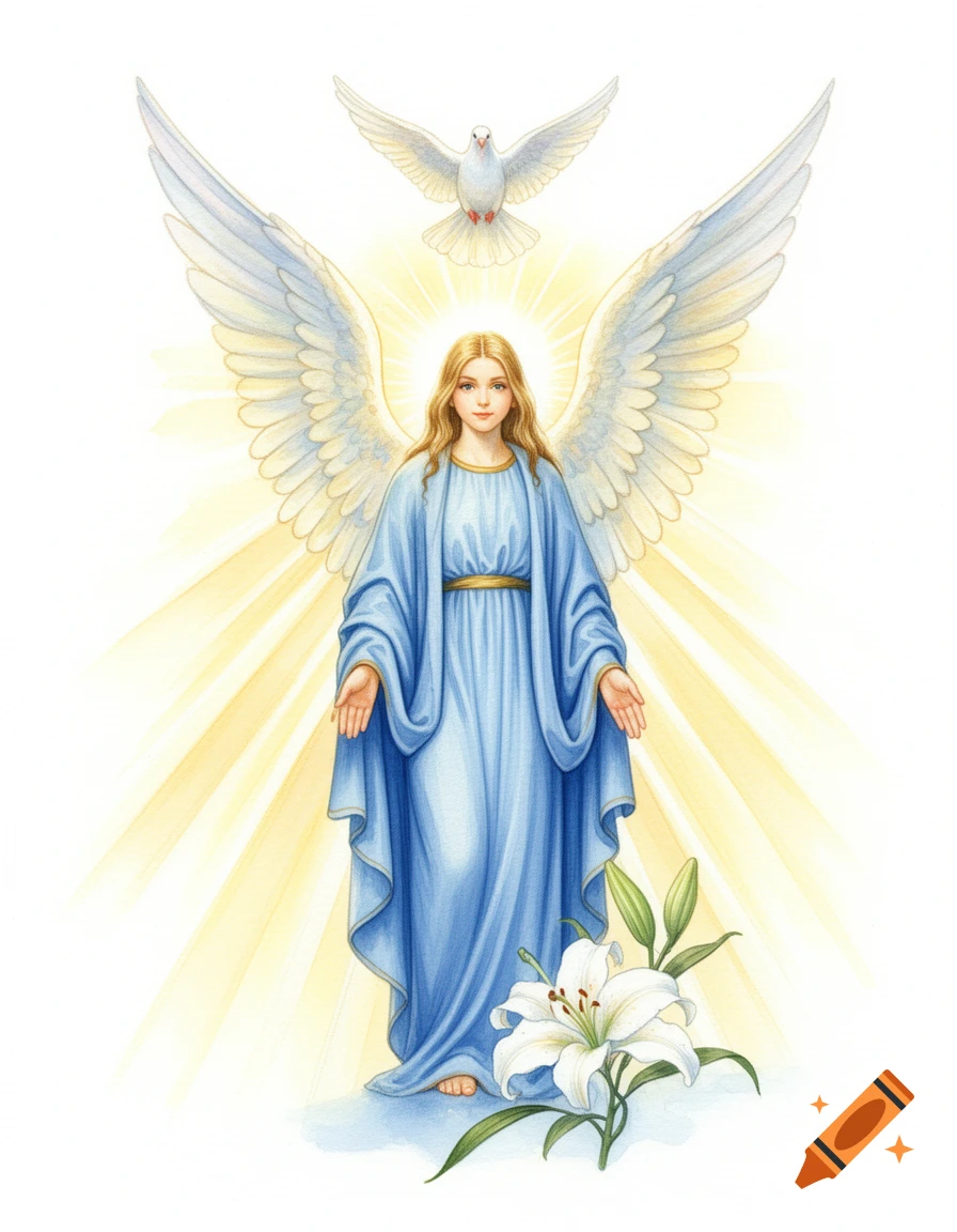 Watercolor painting of a glowing angelic woman in blue robes, with a white dove above and a white lily below.