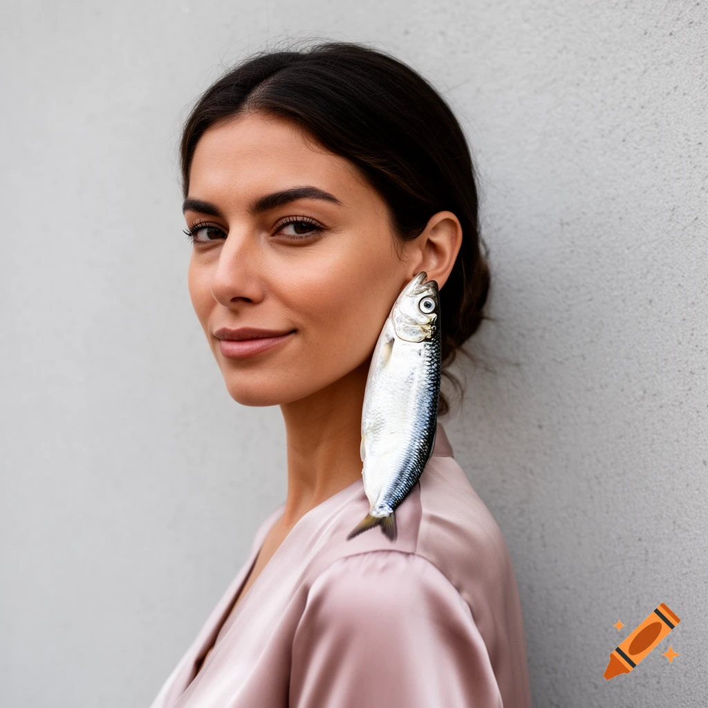 A woman with dark hair looks at the camera, wearing a large fish as an earring.
