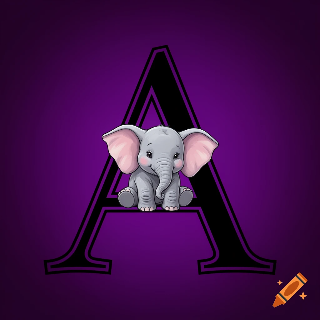 A cute cartoon baby elephant with pink ears sitting inside a black and purple capital letter A on a dark purple background.