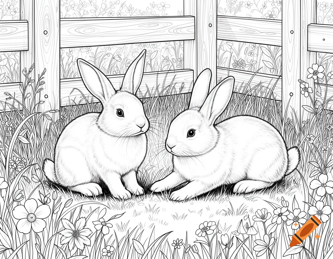 Two bunnies in a grassy field with flowers and a wooden fence, in black and white line art for a coloring book.
