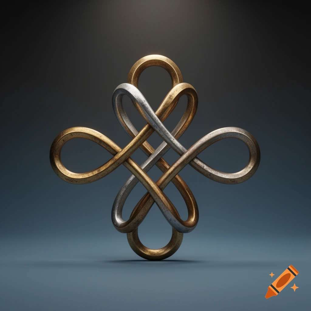 A symmetrical, intricate knot formed by intertwining gold and silver metal infinity symbols, set against a dark grey background.
