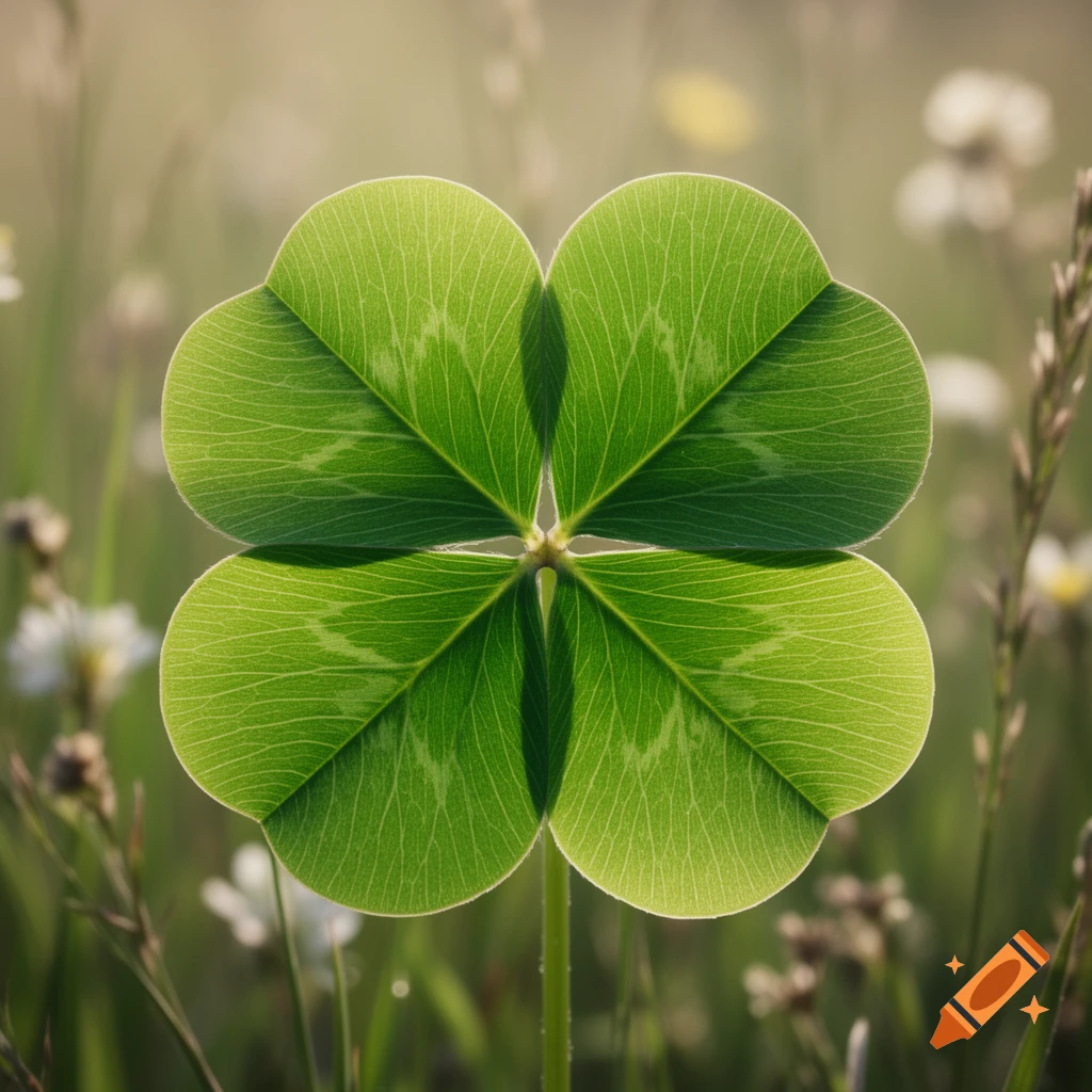 A vibrant green four-leaf clover with prominent veins stands backlit in a soft-focus grassy field, photorealistic.