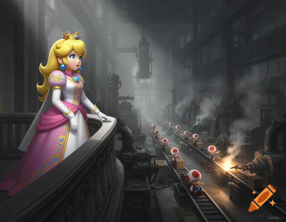 Princess Peach looks down from a balcony at a dark, misty industrial factory where many small Toads carry boxes on a conveyor belt, with sparks flying from welding.
