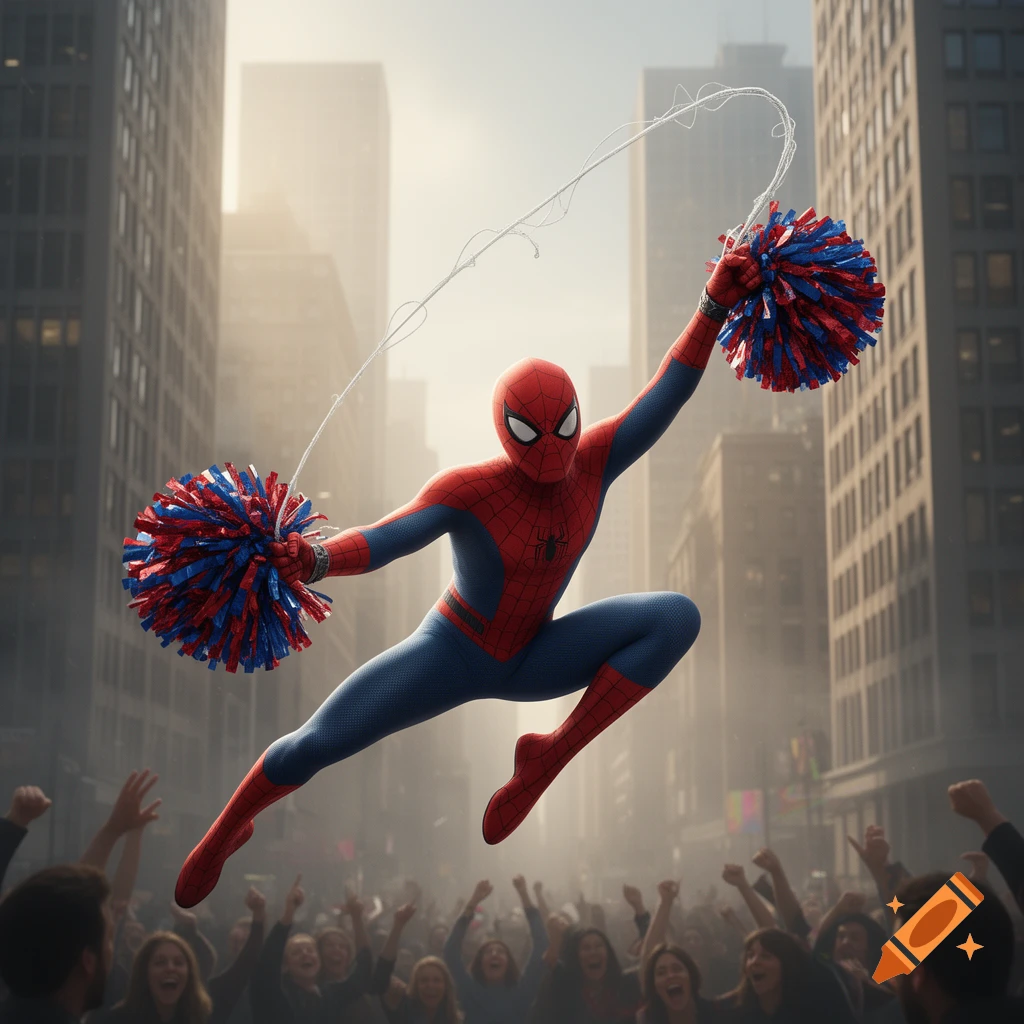 Spider-Man leaps above a cheering crowd in a city street, holding red and blue pompoms and shooting a web.