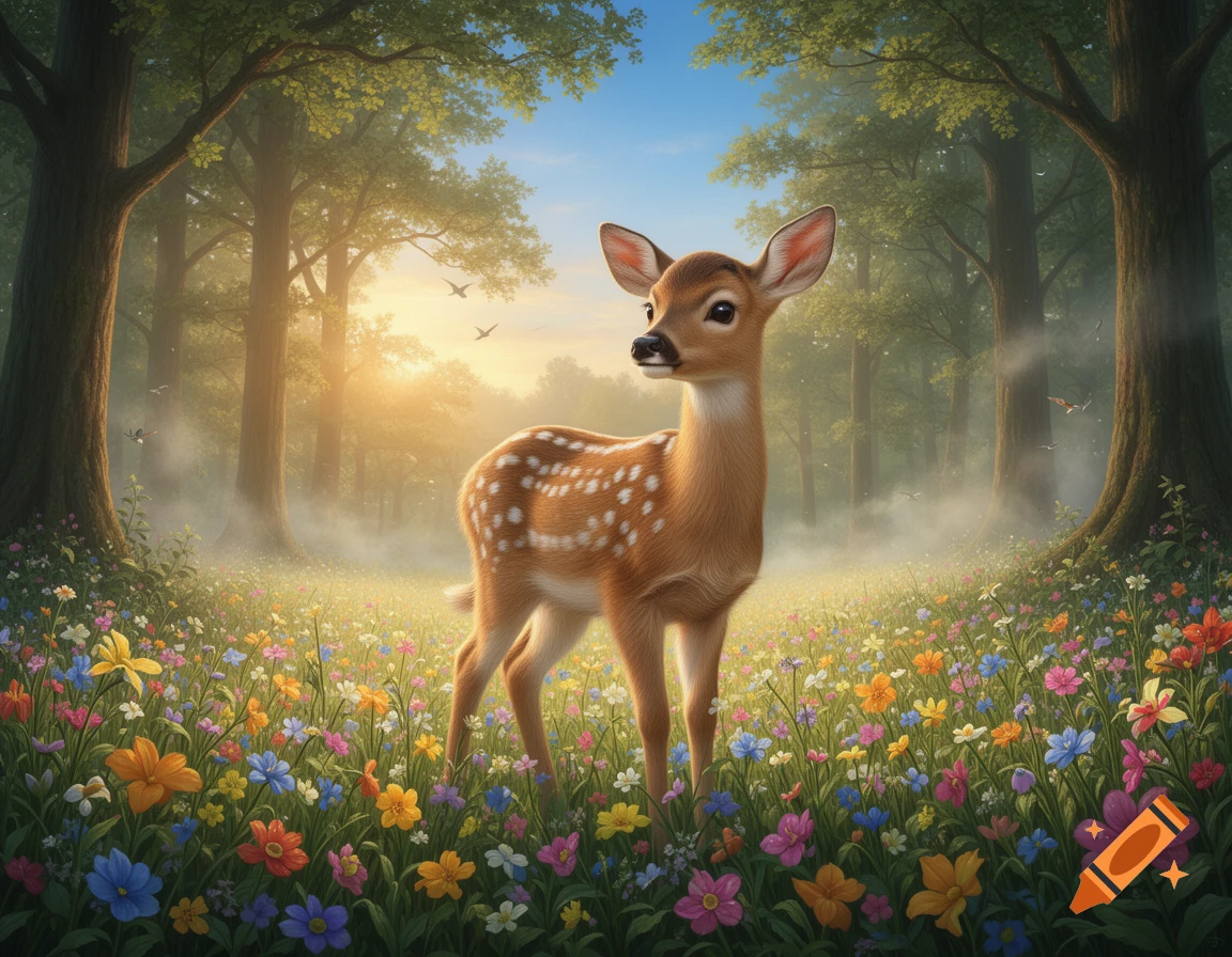 A cute fawn with white spots stands in a colorful wildflower meadow within a sunlit, misty forest.
