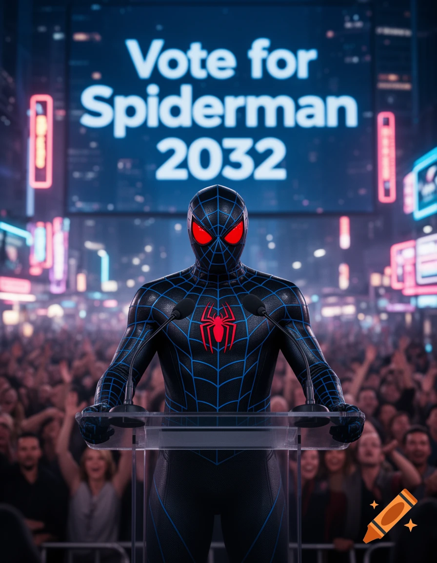 A photorealistic image of Spider-Man in a black and blue suit with red eyes and a red spider emblem, standing at a podium in front of a cheering crowd. A large digital billboard behind him displays "Vote for Spiderman 2032".
