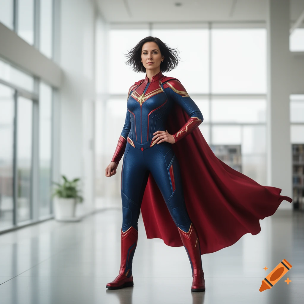 A photorealistic image of a dark-haired superheroine in a blue, red, and gold costume with a red cape, standing confidently indoors.