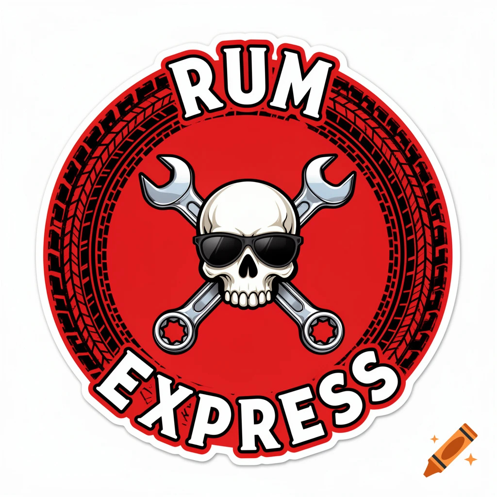 A red circular logo with a skull wearing sunglasses, two crossed wrenches, a tire track border, and the words "RUM EXPRESS".