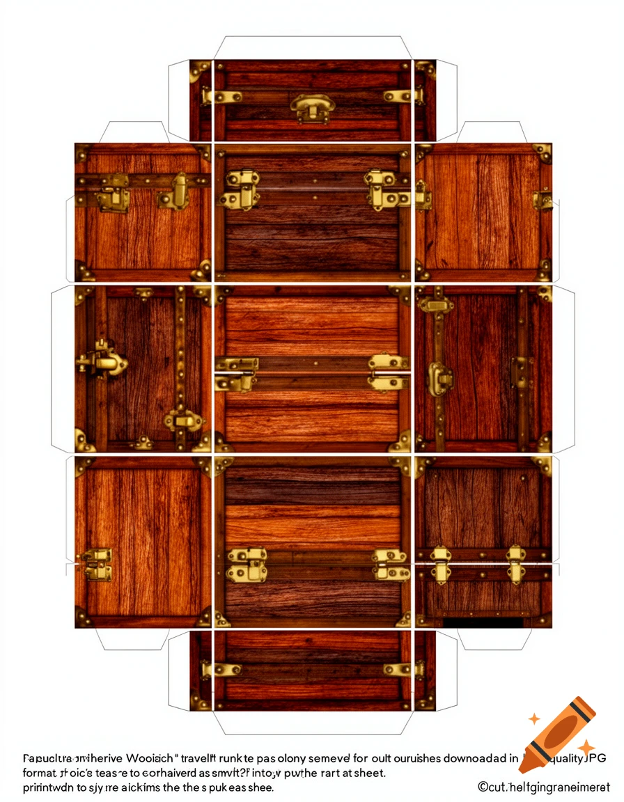 A flat cutting pattern for a paper model of a wooden travel trunk with brass clasps, hinges, and corner protectors.