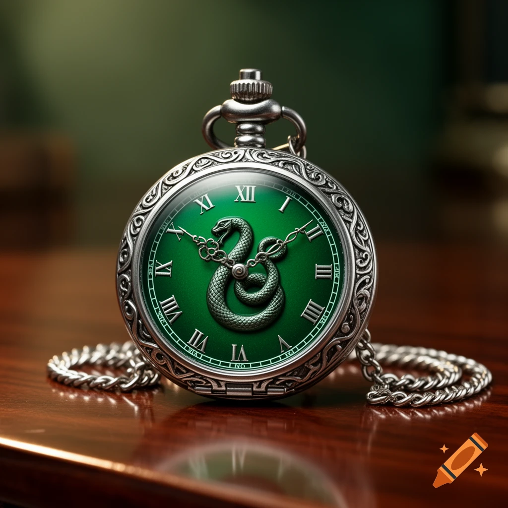 A close-up of an ornate silver pocket watch with a vibrant green face featuring a coiled silver snake and Roman numerals on a wooden surface.