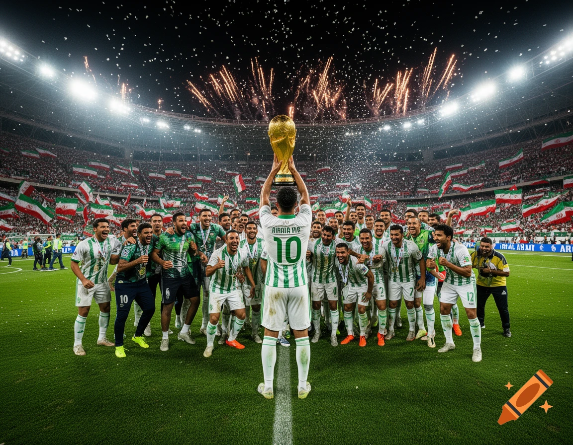 A soccer player in a green and white uniform holds the World Cup trophy overhead in a packed stadium with fireworks and confetti as his teammates cheer.