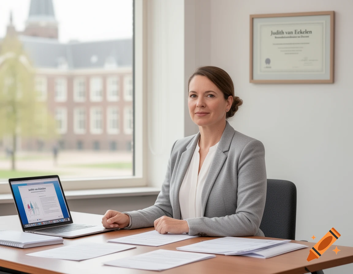 A smiling professional woman in a grey blazer sits at an office desk with a laptop and papers, a framed certificate on the wall behind her.