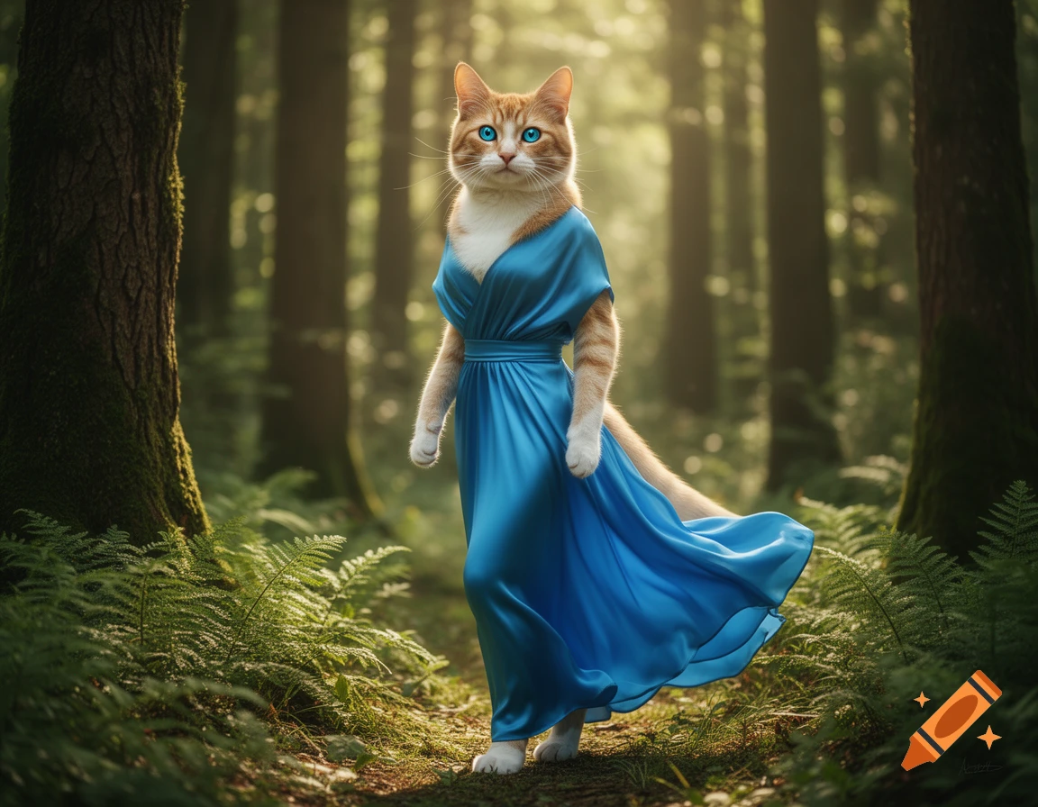 A photorealistic orange and white anthropomorphic cat wearing a flowing blue dress walks through a sunlit forest.