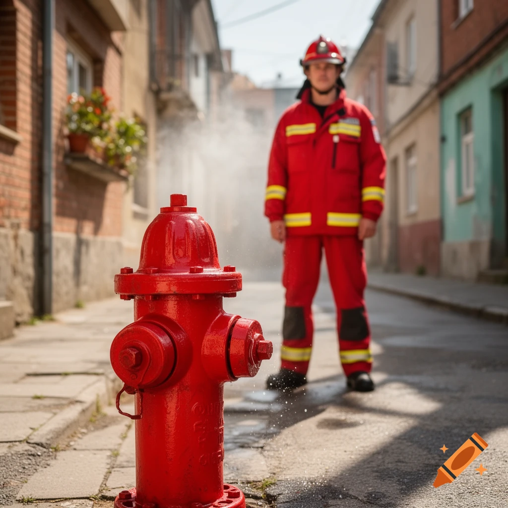 A red fire hydrant sprays water on an urban street, with a firefighter in a red uniform standing behind it.