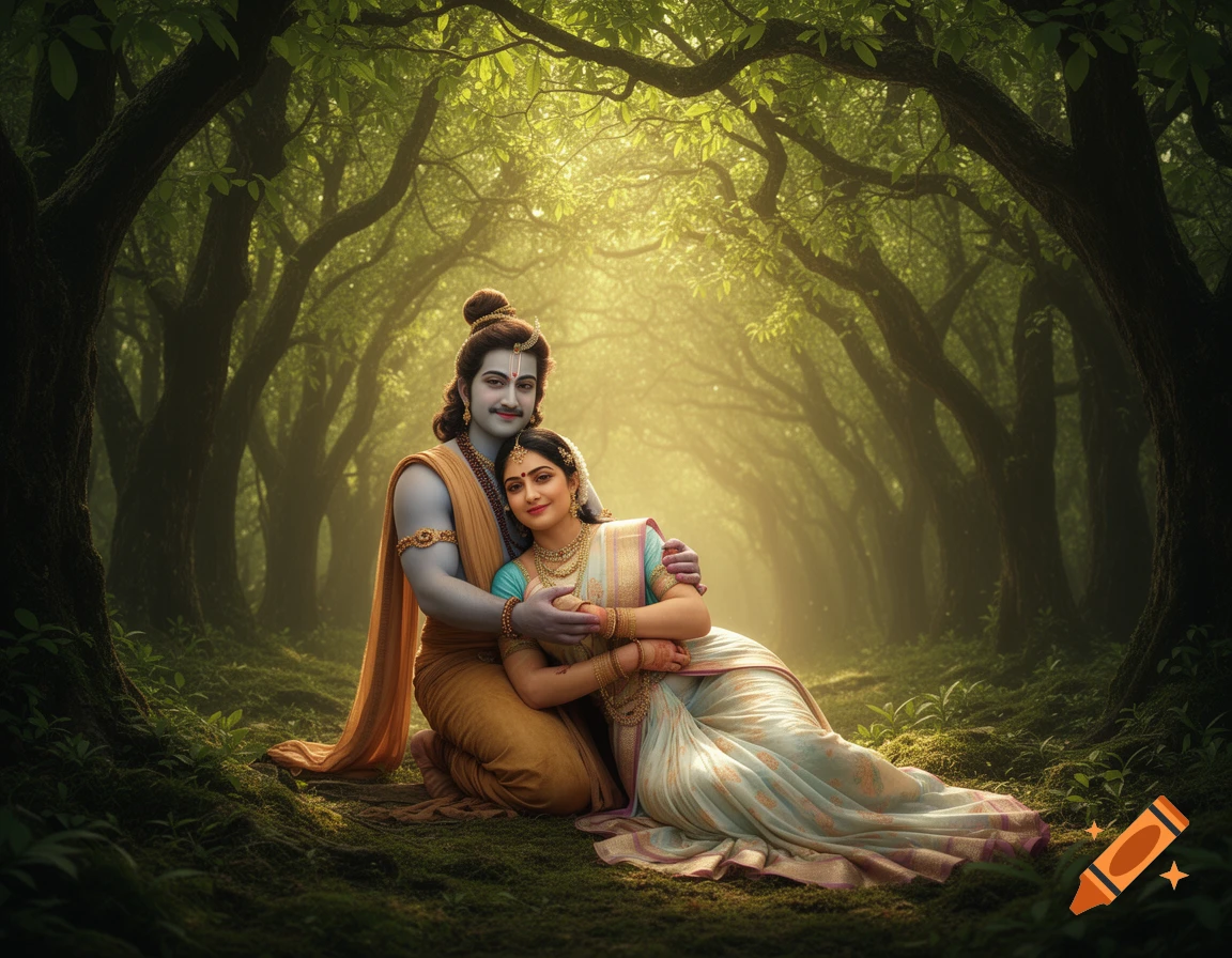 Shri Ram, with blue skin, embraces Devi Sita in a lush, sunlit forest.