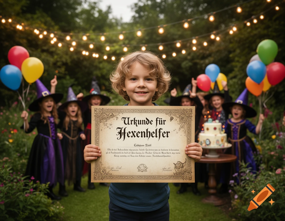 A smiling boy holding a certificate that reads "Urkunde f ür Hexenhelfer" at an outdoor party, surrounded by children in witch costumes, balloons, and string lights.