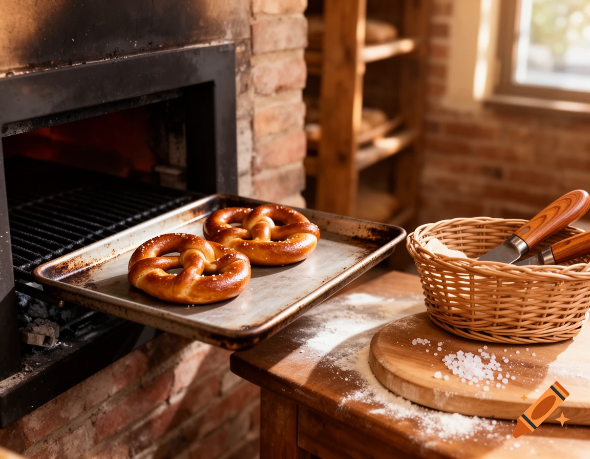 Two pretzels on a baking tray half-pulled from a brick charcoal oven, next to a wooden board with flour, salt, and a basket with a bread knife, in a bakery.