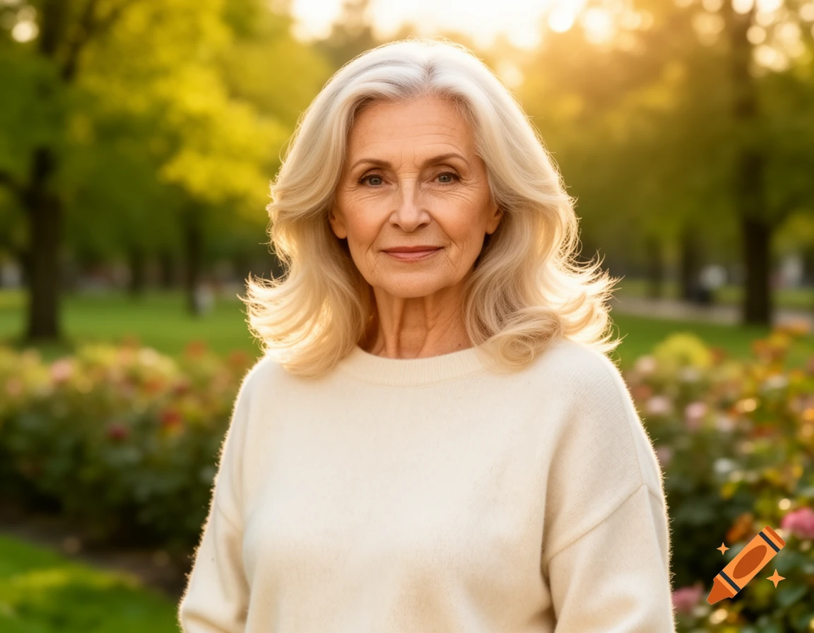 Photorealistic portrait of a smiling older woman with blonde and white hair in a sunny park.