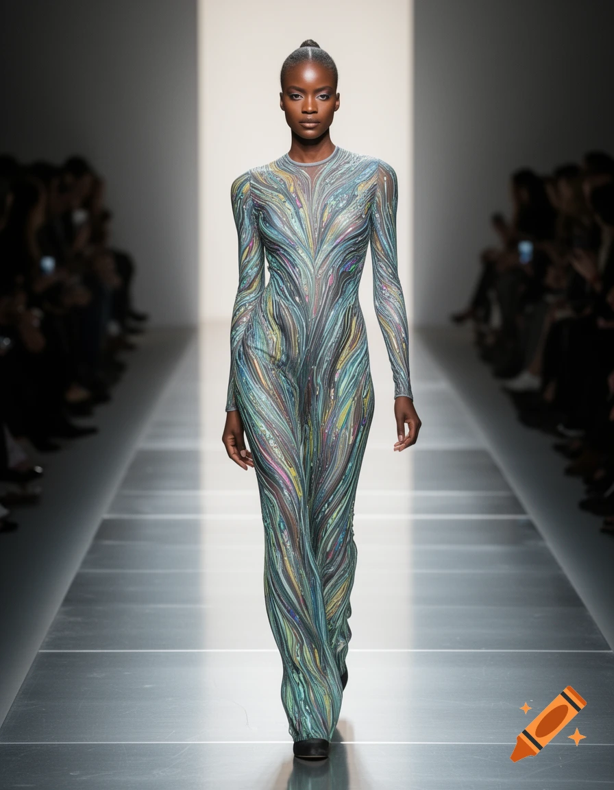 A dark-skinned fashion model walks a runway wearing a long, form-fitting dress with a colorful, swirling abstract pattern.