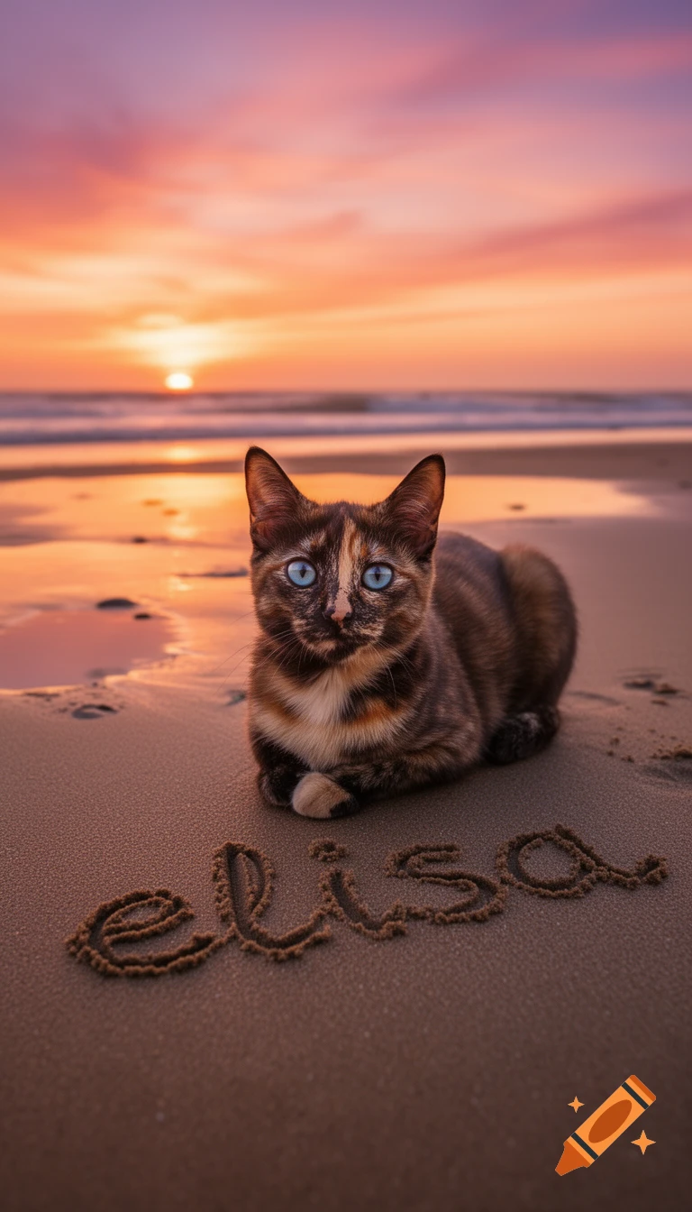 A photorealistic tortoiseshell cat with blue eyes lies on a sandy beach at sunset, with "elisa" written in the sand.