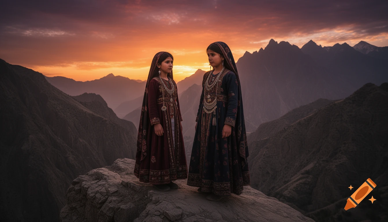 Two girls in traditional 19th-century Afghan clothing stand on a cliff overlooking mountains at sunset, cinematic style.