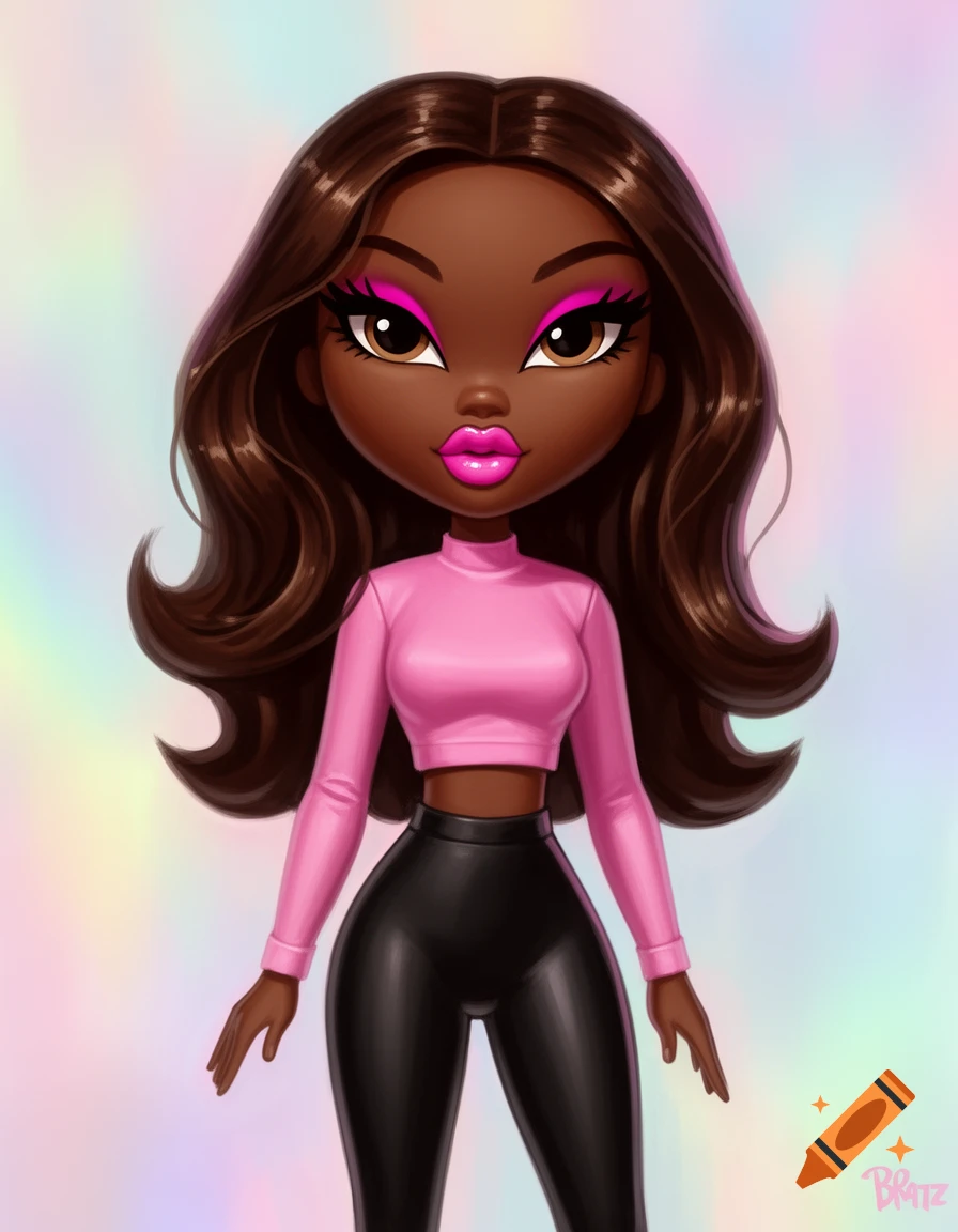 A stylized Bratz doll with dark skin and long brown hair, wearing a pink long-sleeve crop top, black leggings, pink lipstick, and magenta eyeshadow against a pastel background.