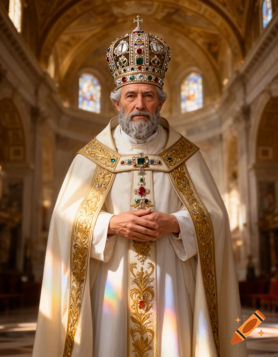 Photorealistic portrait of a bearded man in elaborate, jeweled papal regalia, standing in a sunlit cathedral.