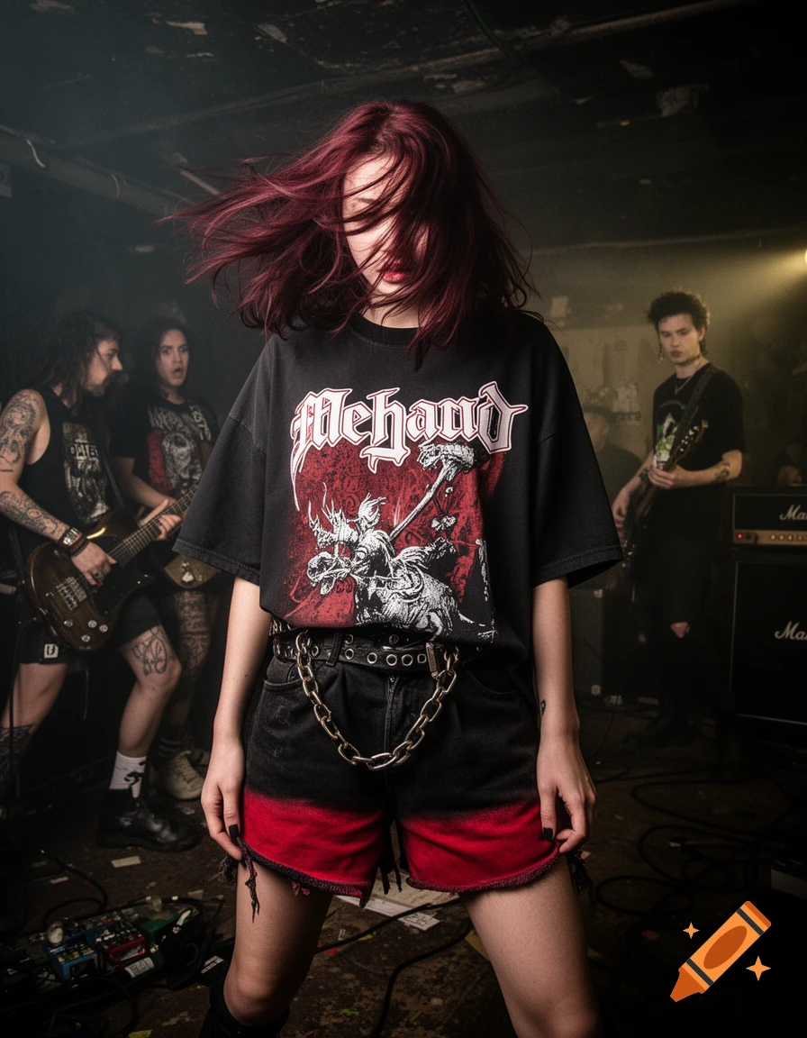 A girl with red hair and a metal band t-shirt stands with her punk band in an underground club.
