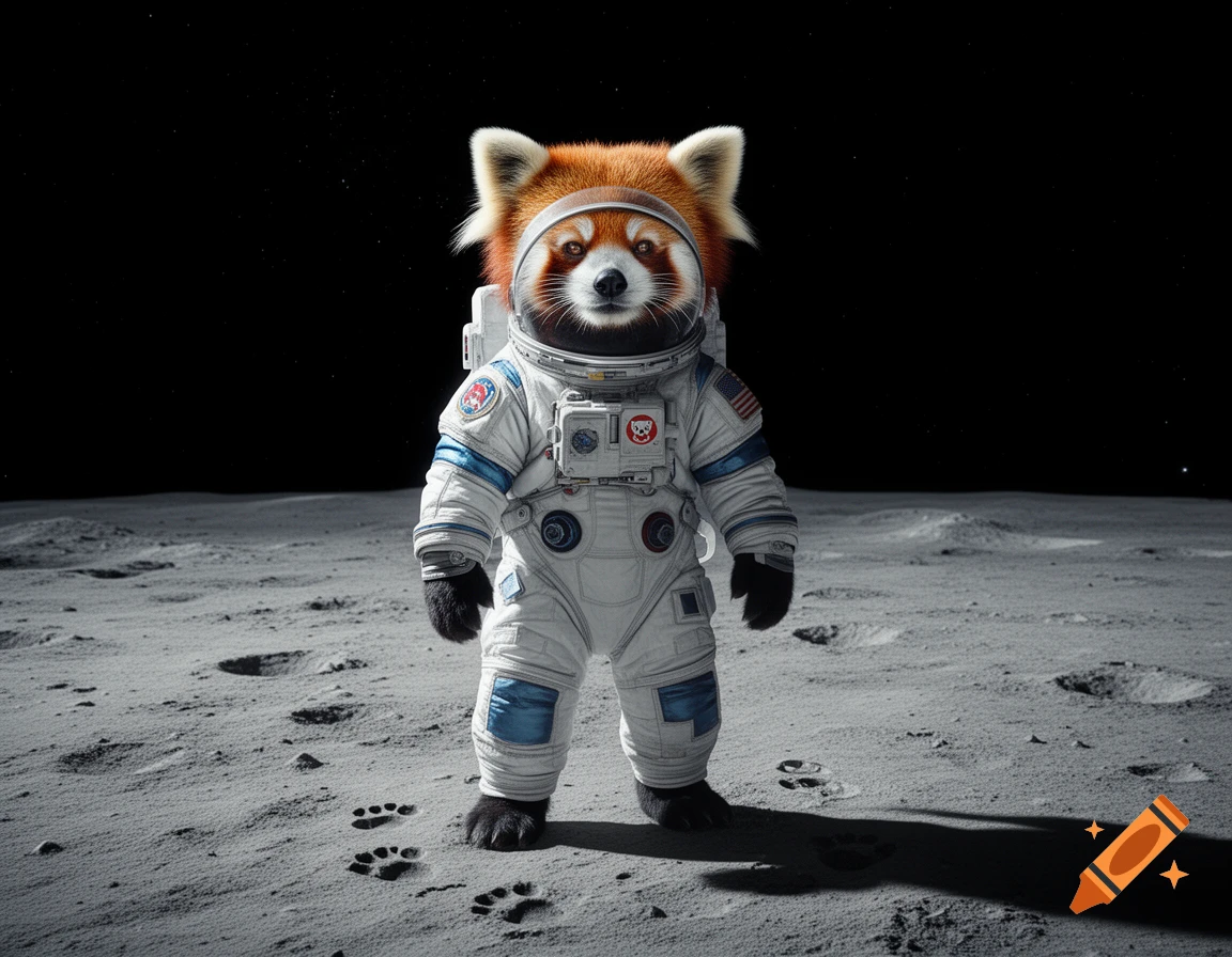 A photorealistic image of a red panda wearing a white astronaut suit standing on the rocky surface of the moon under a dark, starry sky.