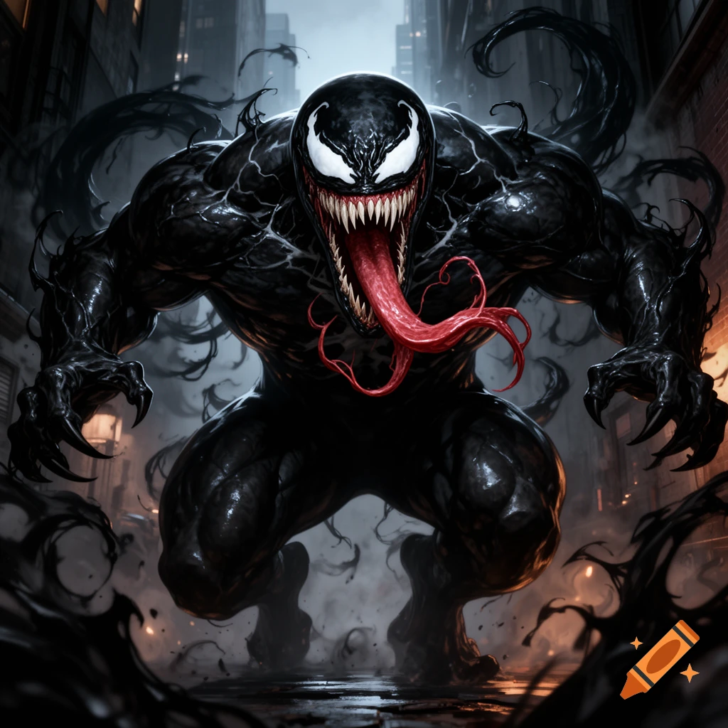 Venom, a large black symbiote with sharp teeth and long red tongue, crouches menacingly in a dark city alley.