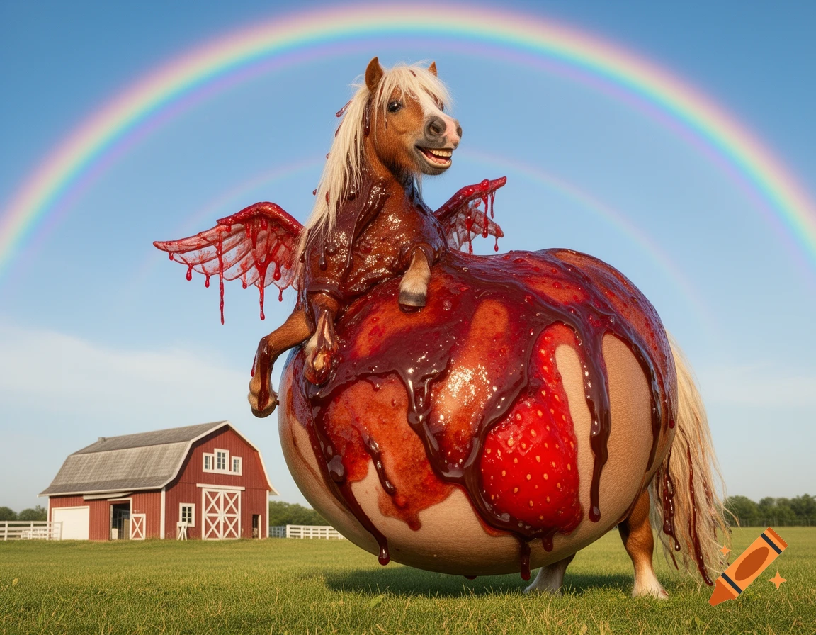Photorealistic oversized pony covered in jam and chocolate syrup, with tiny wings, smiling in a field under a rainbow.