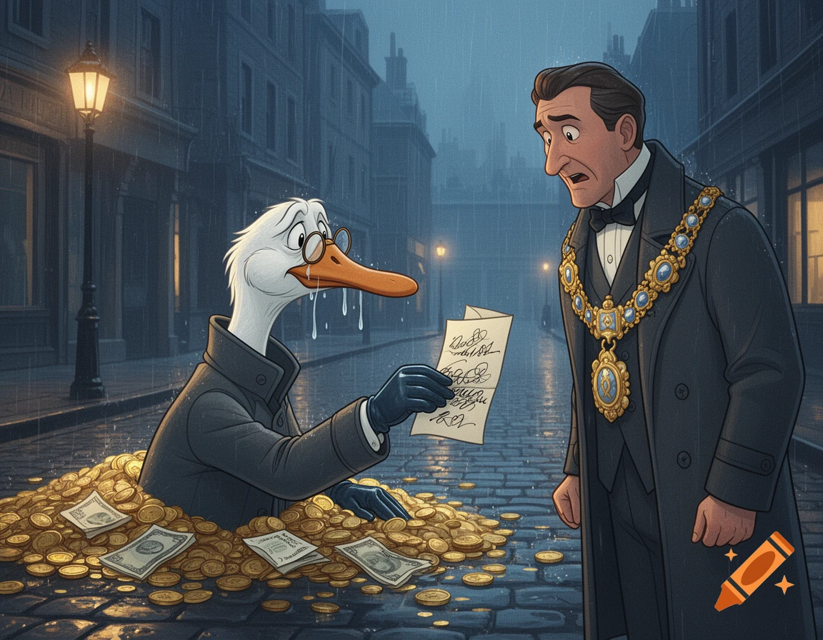 A crying anthropomorphic goose in a coat, waist-deep in coins, hands a scribbled paper to a surprised mayor in a rainy Victorian street illustration.