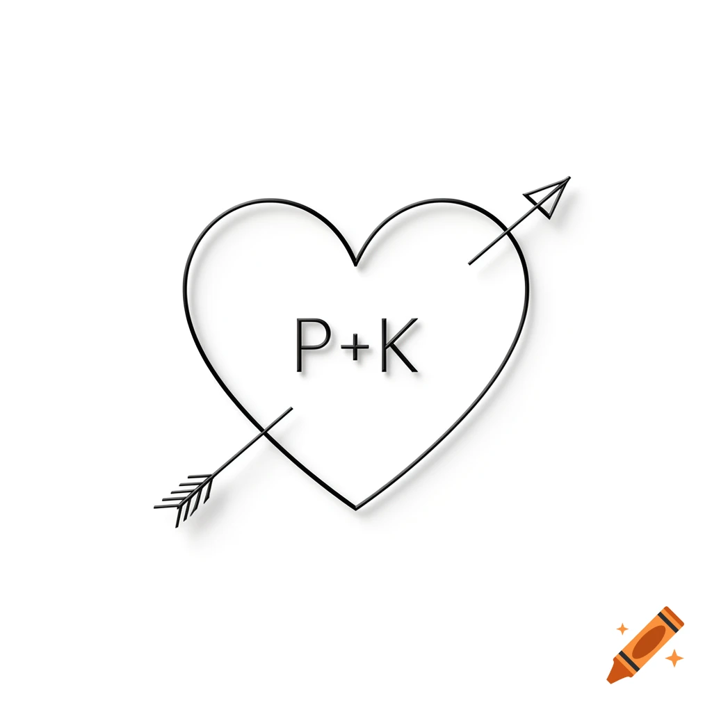 Minimalist black heart outline pierced by an arrow, with 'P+K' in the center.
