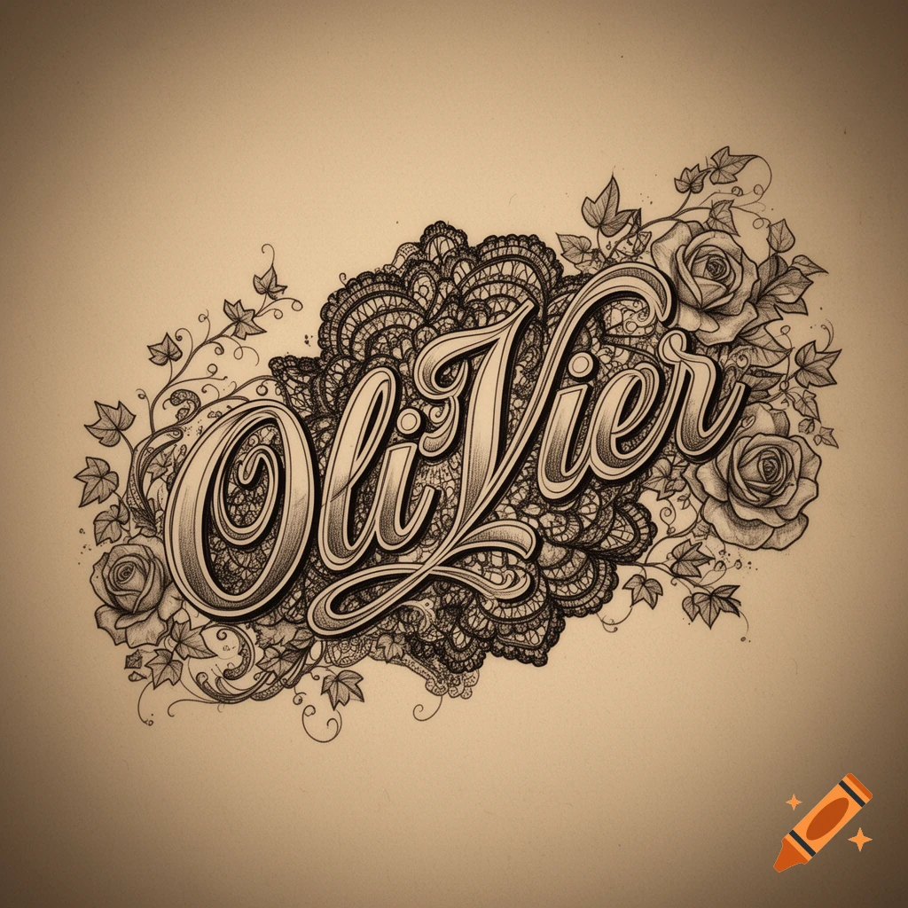 Elaborate black and white tattoo design of the name 'OliVier' in script, surrounded by intricate lace patterns, roses, and ivy.