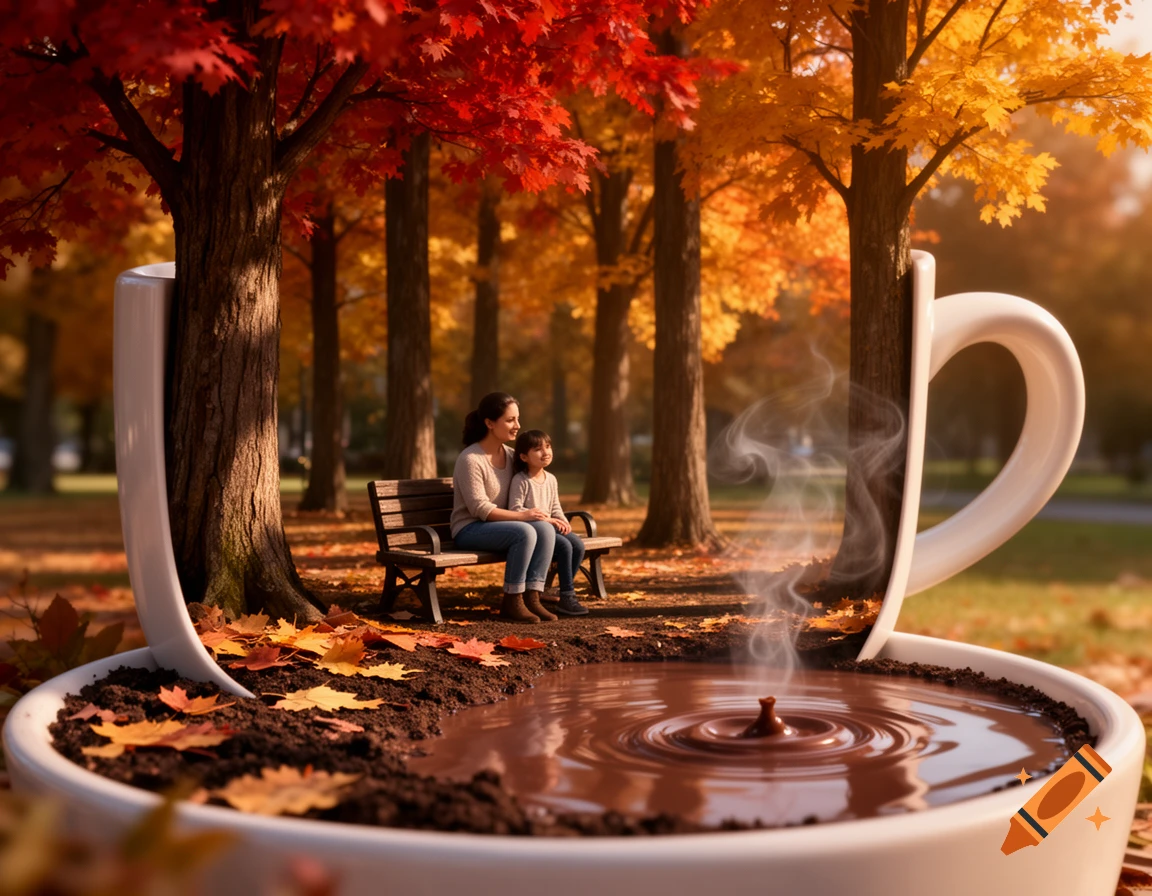 A hyper-realistic autumn park scene inside a giant coffee mug, with a mother and daughter on a bench by steamy hot chocolate.