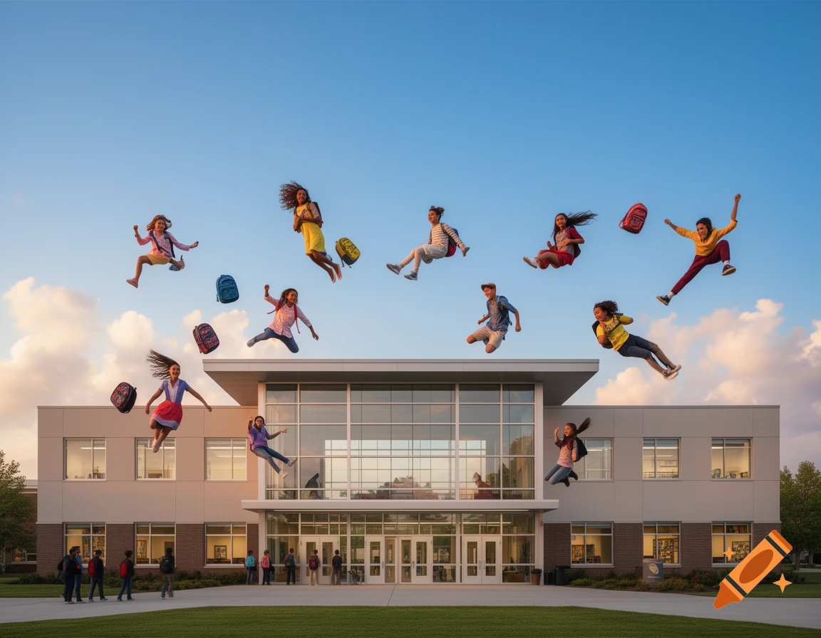 Photorealistic image of many school children and their backpacks floating in the air above a school building, with students on the ground.