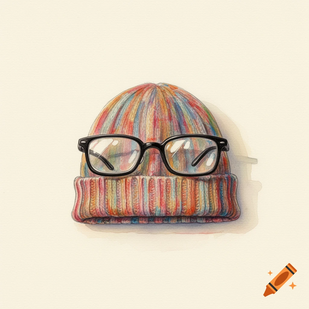 Watercolor illustration of a colorful striped beanie hat with thick-rimmed black glasses on top.