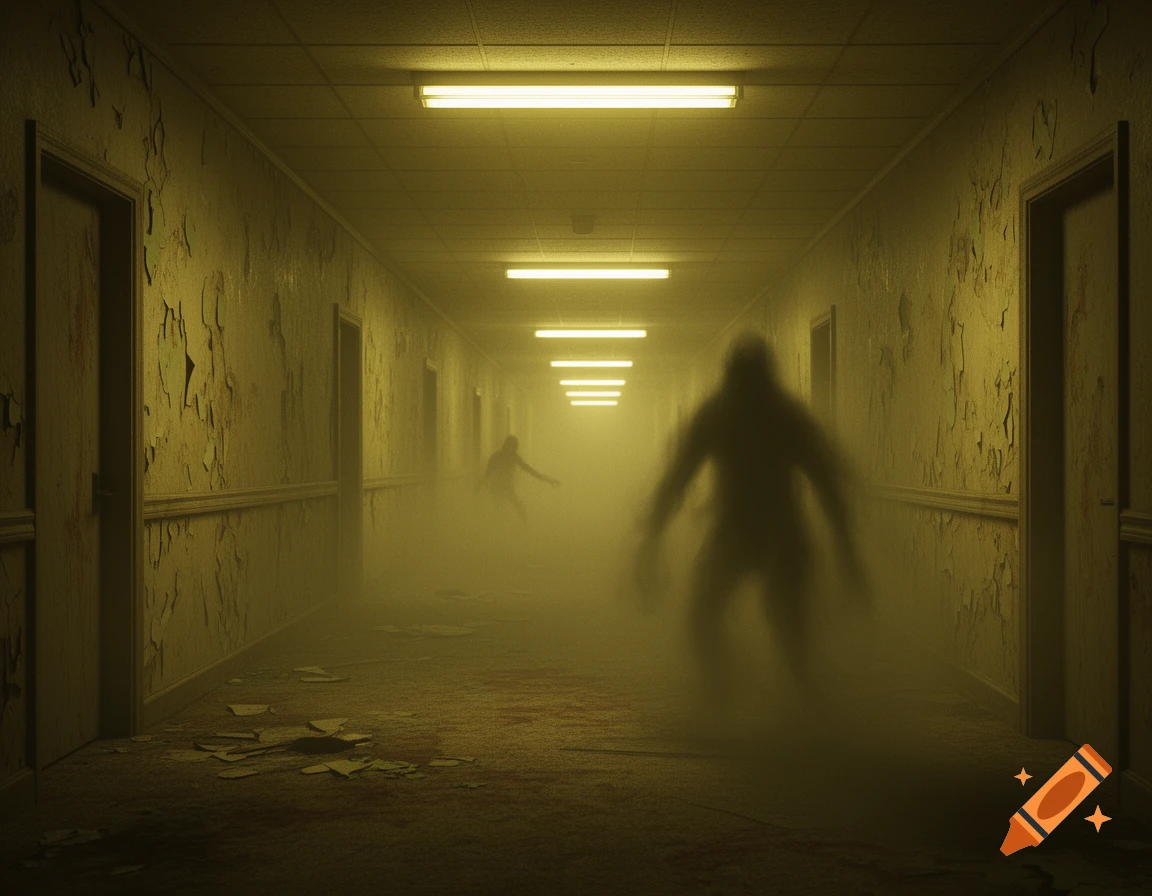 A dark, decaying hallway with peeling yellow walls and fluorescent lights, filled with yellow fog, revealing two shadowy figures.