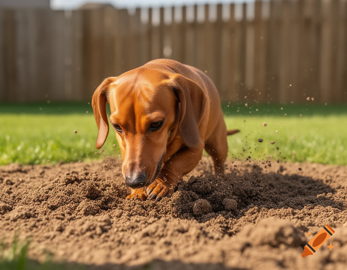 A photorealistic brown dachshund digs enthusiastically in a pile of dirt on a green lawn with a wooden fence in the background.