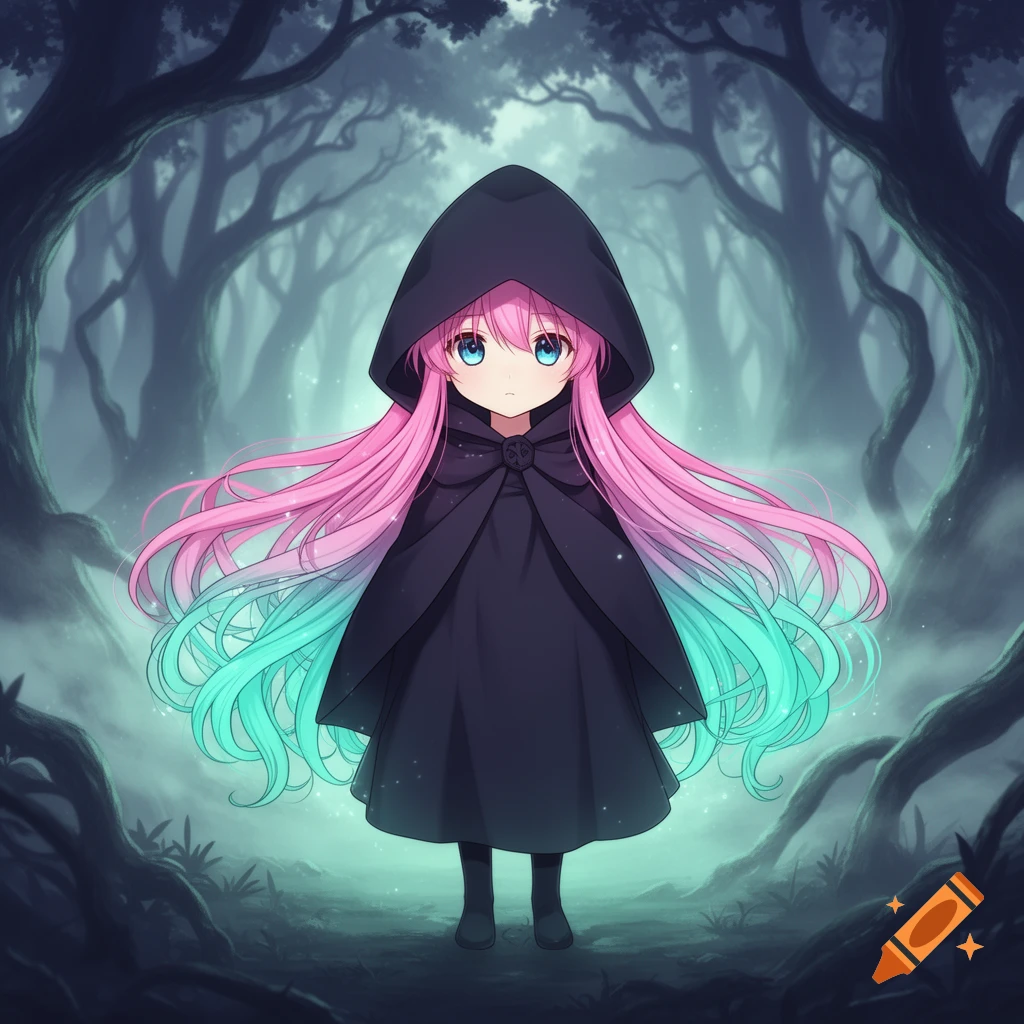 Anime illustration of a small girl with long pink and turquoise hair in a dark cloak standing in a mysterious, foggy forest.