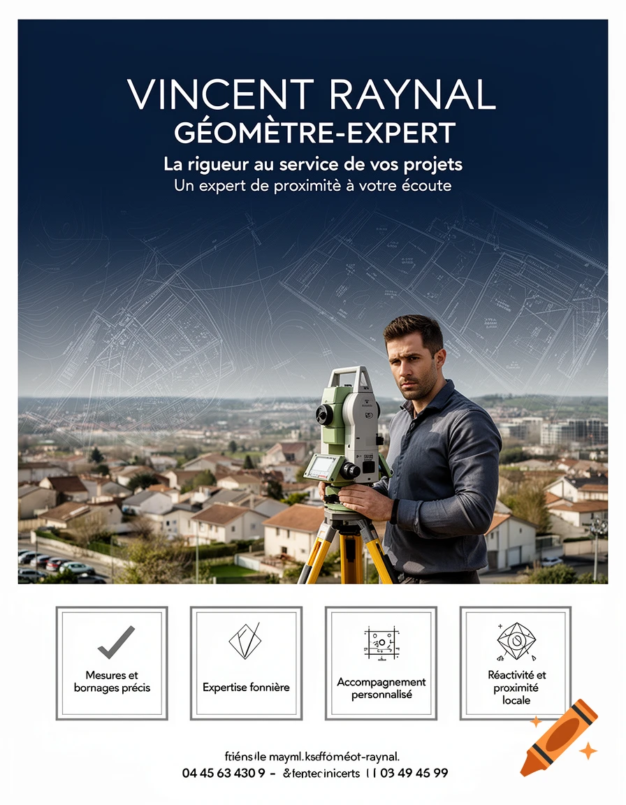 Professional poster for Vincent Raynal, a land surveyor expert, showing a man with surveying equipment over a cityscape background, with text about precision and proximity.
