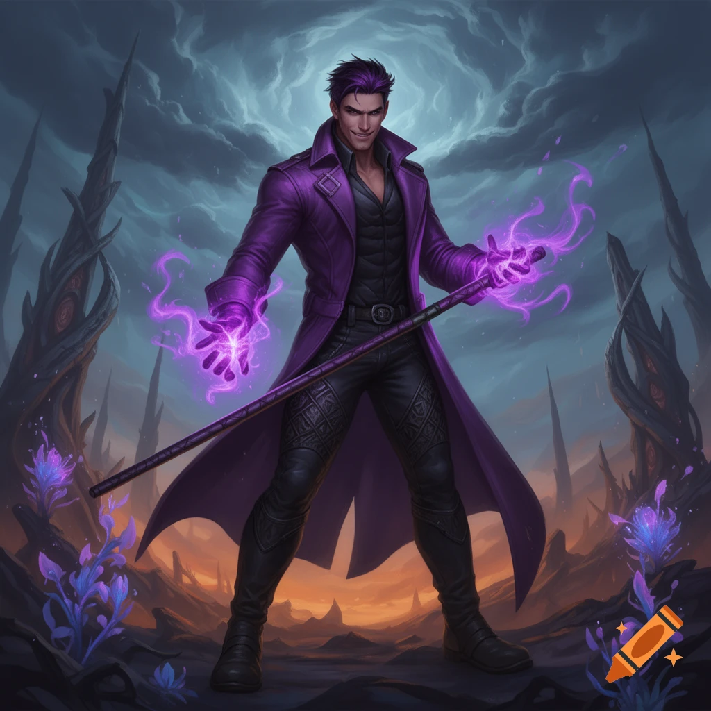 A smiling man with purple hair and a long purple coat holds a staff, emanating purple magic from his hands in a dark fantasy landscape.