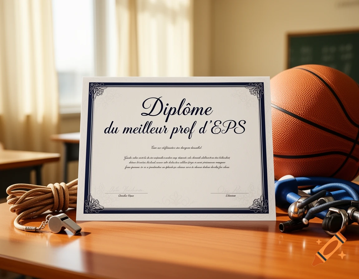 A diploma for the best PE teacher on a wooden desk, surrounded by a basketball, whistle, and sports equipment in a classroom.