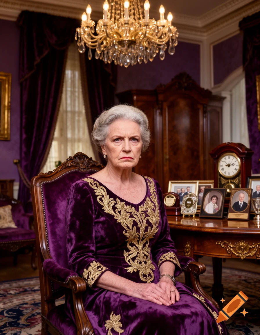 An elderly woman with a stern expression sits in a luxurious purple velvet armchair, wearing a matching ornate dress, in a richly decorated room with a chandelier.