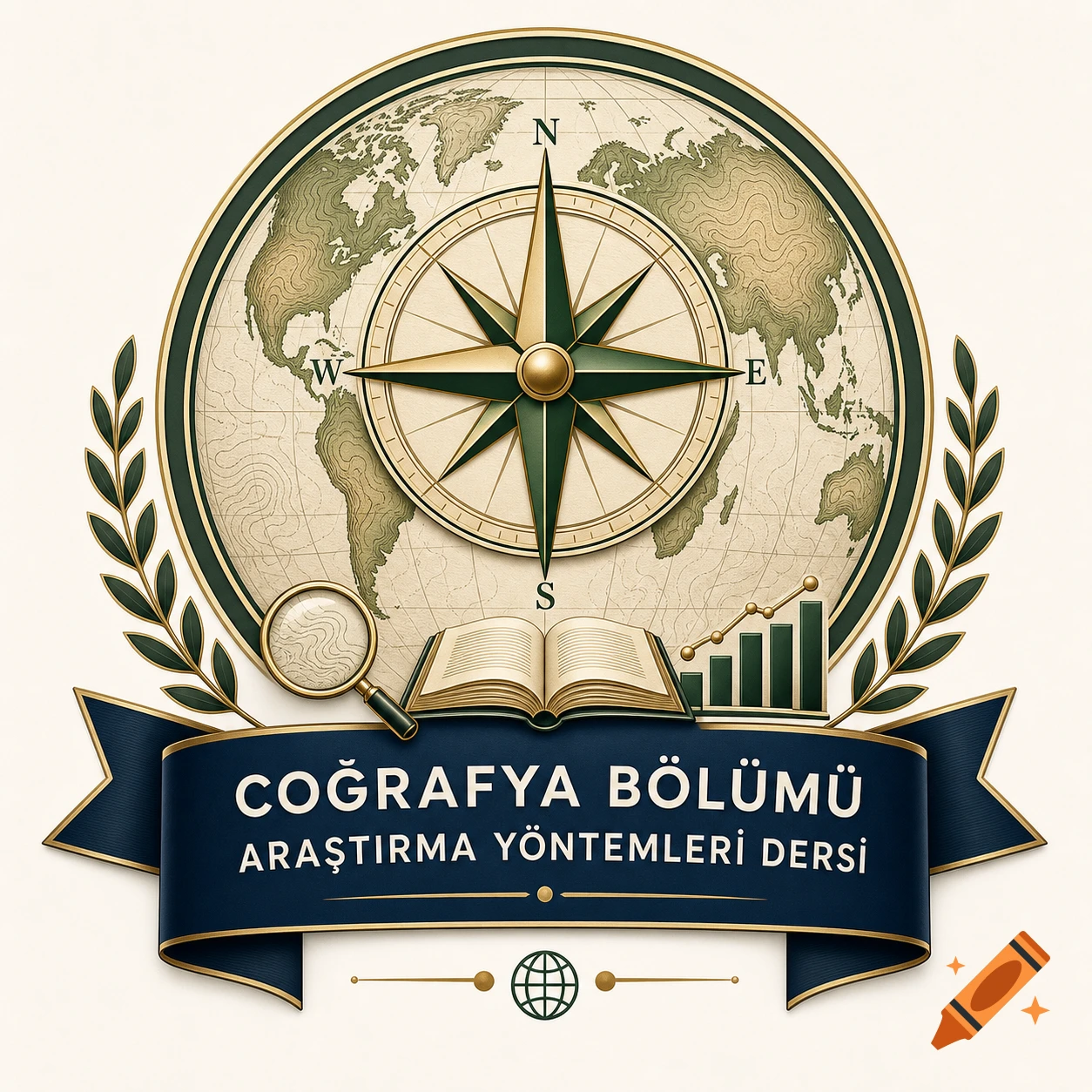 An emblem for a geography course with a world map, compass, book, magnifying glass, and a blue banner.