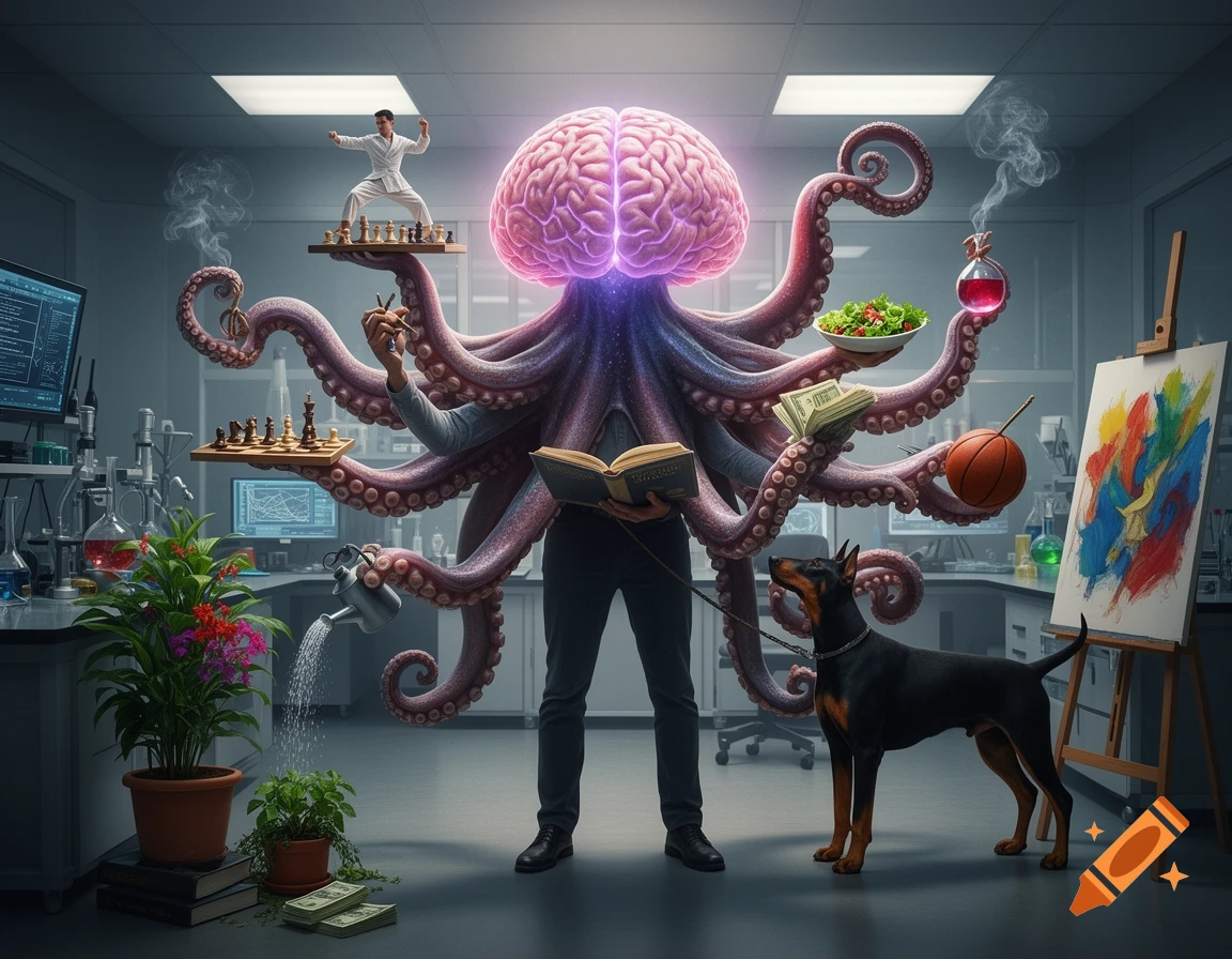 A man with a glowing brain and octopus tentacles multitasks in a lab, holding objects like a chess set, book, salad, and paint palette, with a Doberman.