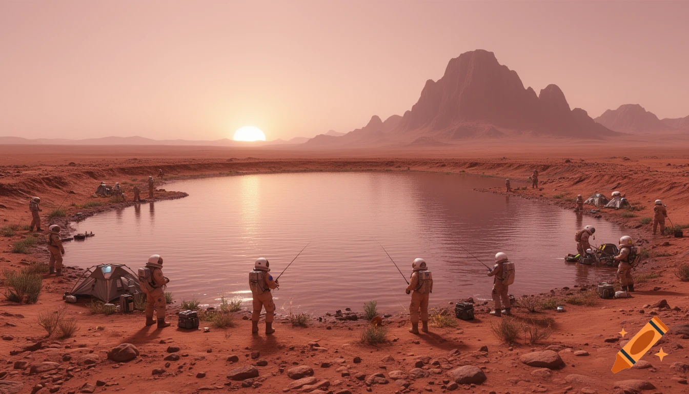 Astronauts fishing in a lake on Mars at sunset with mountains in the background, in a photorealistic style.