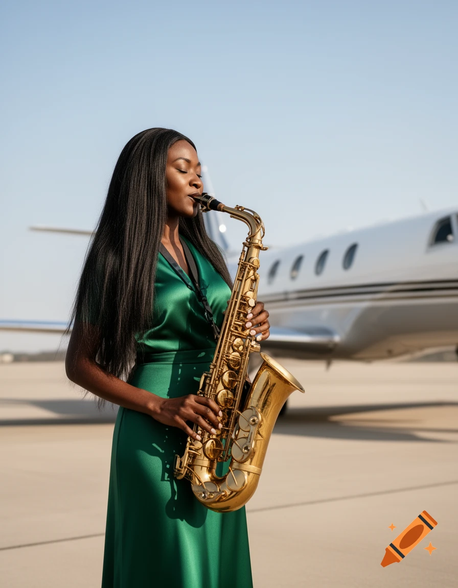 A Black woman in a green dress plays a golden saxophone on an airfield with a private jet in the background, photorealistic.